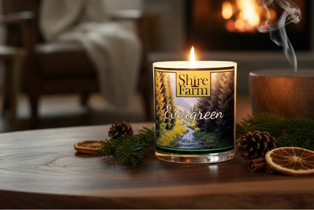 Shire Farm Evergreen candle on a wooden table with a fireplace in the background