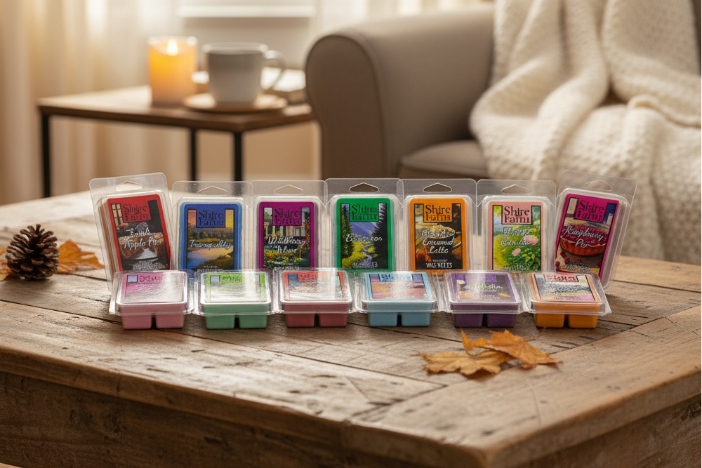 Row of colorful Shire Farm wax melts on a wooden table with a cozy living room background